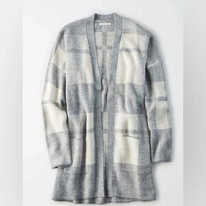 NWT American Eagle Open Wool Blend Plaid Duster Cardigan in Grey/Ivory Size S